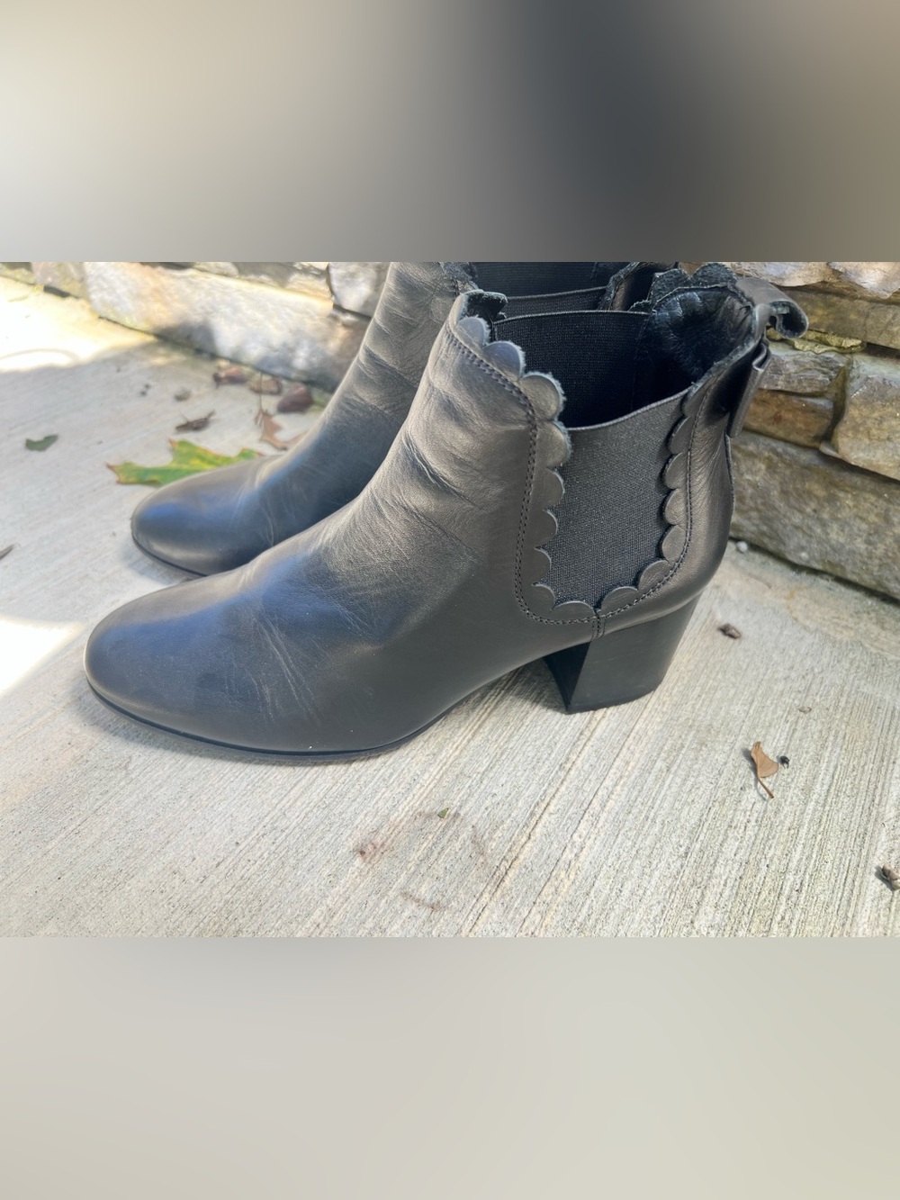kate spade Black Scallop-Trim Leather Ankle Boots